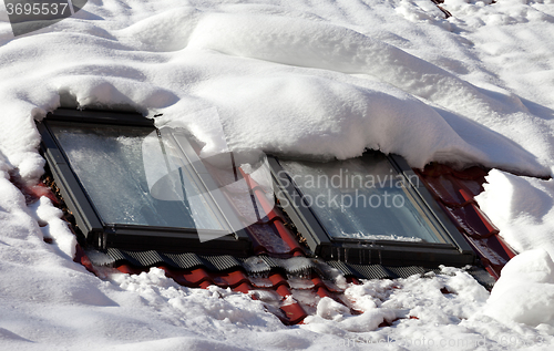 Image of Snowy roof with icy windows