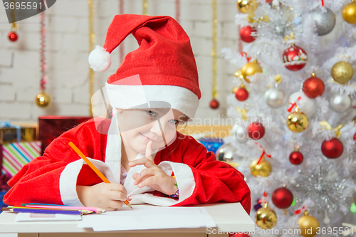 Image of Girl dressed as Santa Claus thought about the desired Christmas gifts