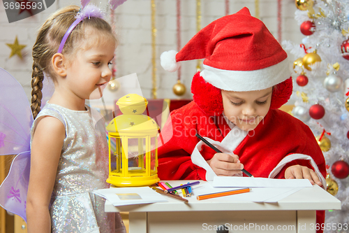 Image of  Girl dressed as Santa Claus signs the envelope with a letter, standing next to a girl dressed as fairies