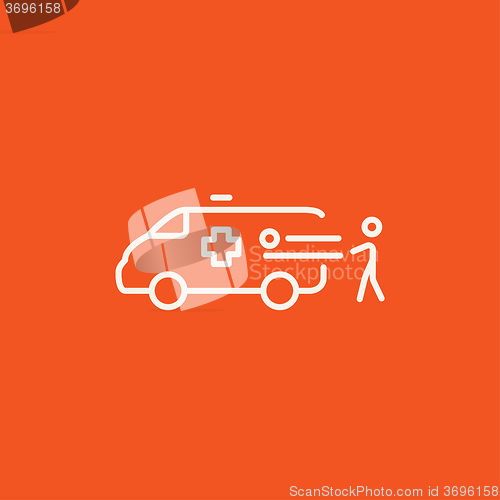 Image of Man with patient and ambulance car line icon.