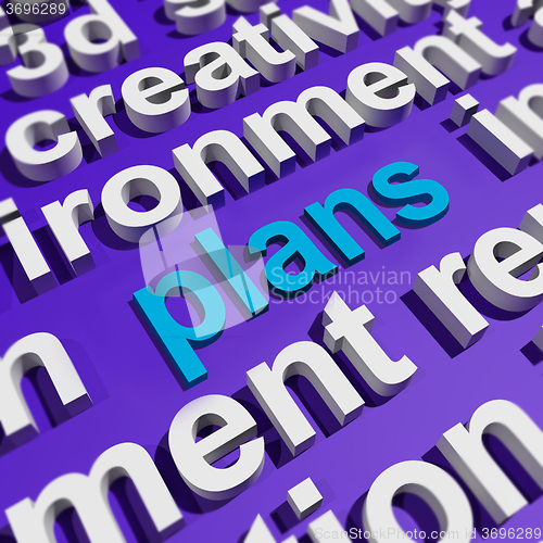 Image of Plans In Word Cloud Shows Objectives Planning And Organizing