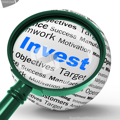 Image of Invest Magnifier Definition Shows Put Money In Real State Or Inv