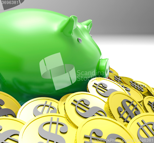Image of Piggybank Surrounded In Coins Shows American Finances