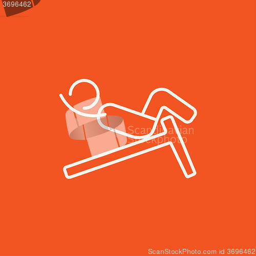 Image of Man doing crunches on incline bench line icon.