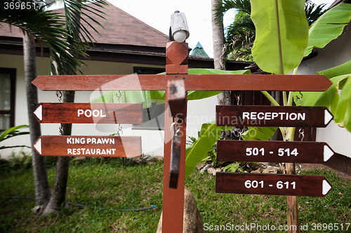 Image of signboard on the beach at hotel, Koh Samui, Thailand