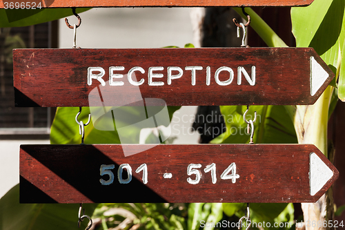 Image of signboard on the beach at hotel, Koh Samui, Thailand