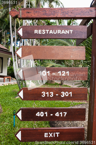 Image of signboard on the beach at hotel, Koh Samui, Thailand