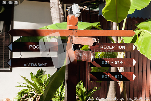 Image of signboard on the beach at hotel, Koh Samui, Thailand