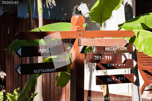 Image of signboard on the beach at hotel, Koh Samui, Thailand