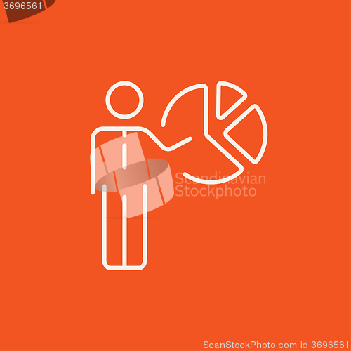 Image of Businessman pointing at the pie chart line icon.