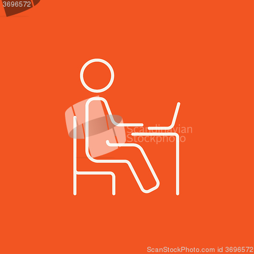 Image of Student sitting on chair in front of laptop line icon.