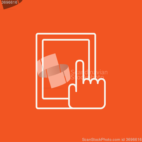 Image of Finger pointing at tablet line icon.