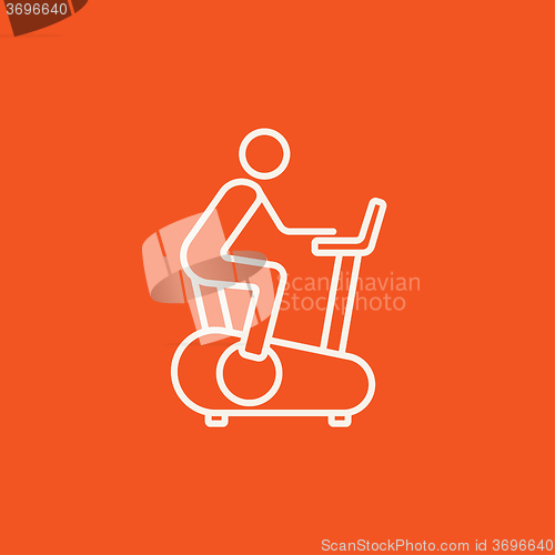 Image of Man training on exercise bike line icon.