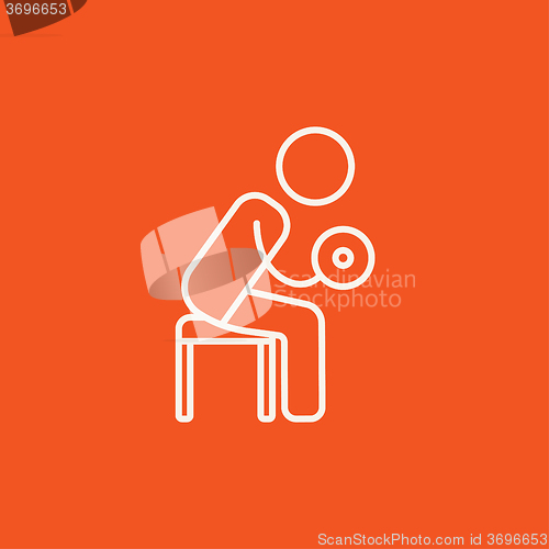 Image of Man exercising with dumbbells line icon.