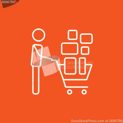 Image of Man pushing shopping cart line icon.