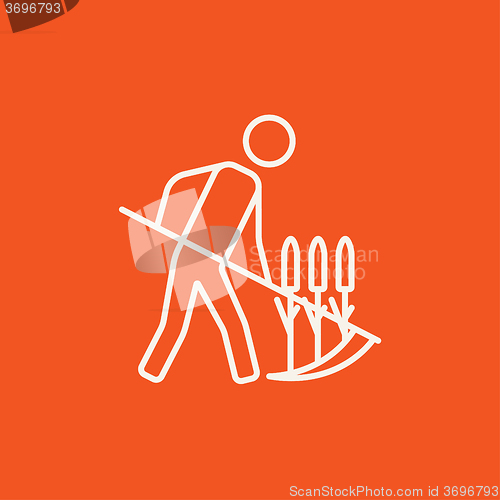 Image of Man mowing grass with scythe line icon.