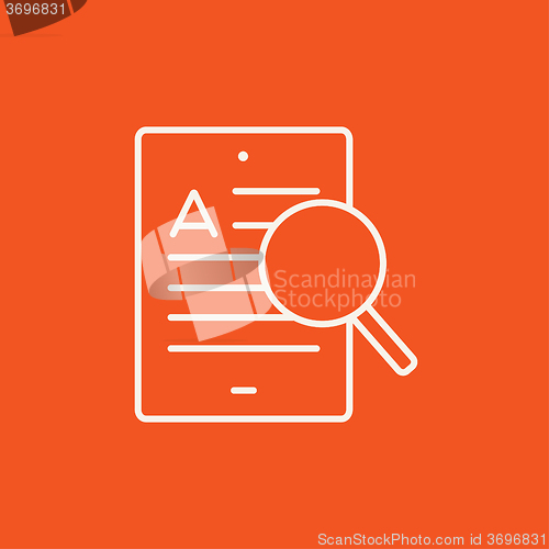 Image of Tablet and magnifying glass line icon.