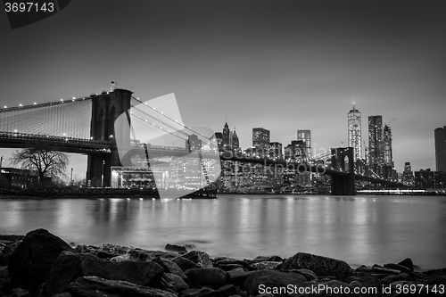 Image of Brooklyn bridge at dusk, New York City.