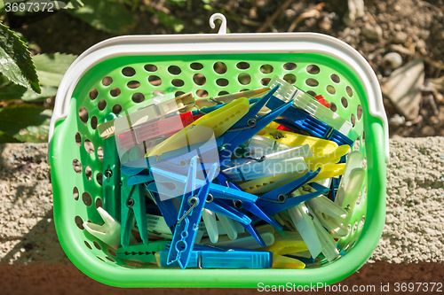 Image of colored plastic clothespins in a basket