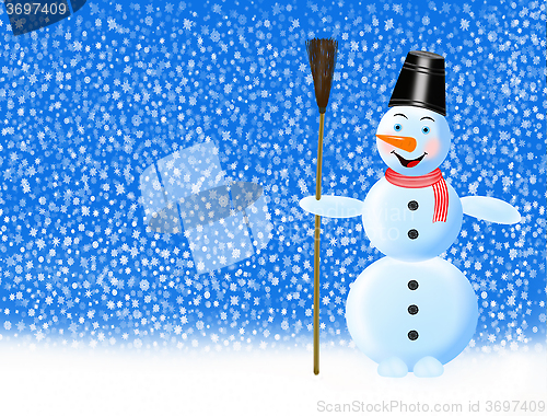 Image of fabulous snowman and snowflakes falling on the ground 