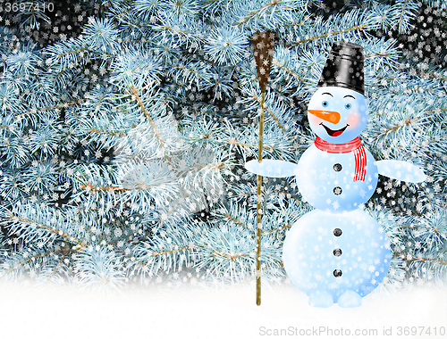 Image of fabulous snowman snow and New Year tree 