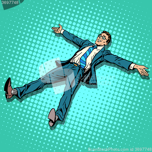 Image of The businessman is resting with outstretched arms and legs