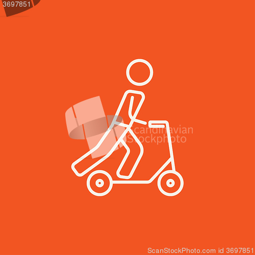 Image of Man riding kick scooter line icon.