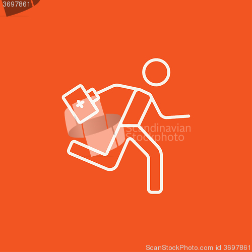 Image of Paramedic running with first aid kit line icon.