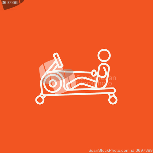 Image of Man exercising with gym apparatus line icon.