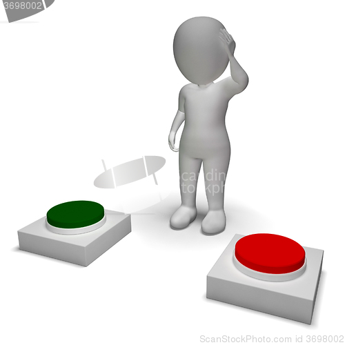 Image of Choice Of Pushing Buttons 3d Character Shows Indecision