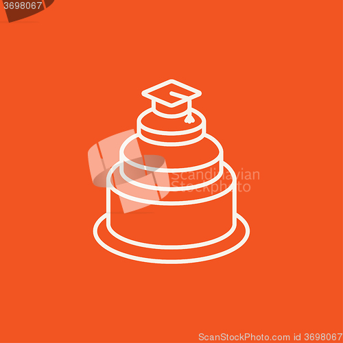 Image of Graduation cap on top of cake line icon.