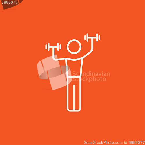 Image of Man exercising with dumbbells line icon.