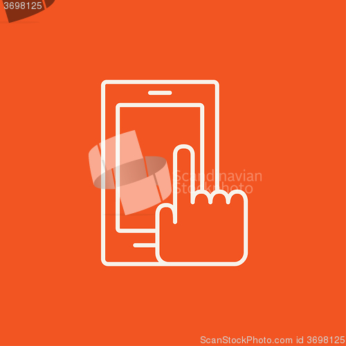 Image of Finger pointing at smart phone line icon.