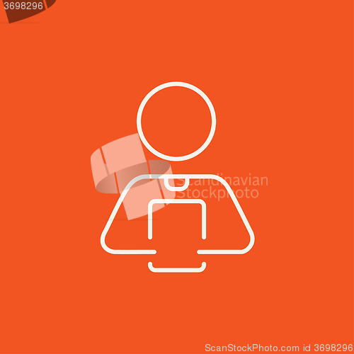 Image of Man holding digital tablet line icon.