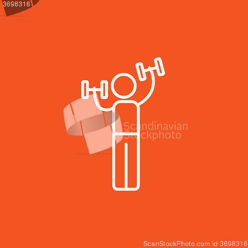 Image of Man exercising with dumbbells line icon.