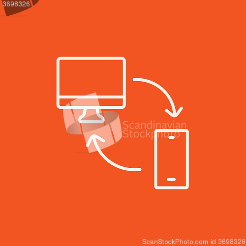 Image of Synchronization computer with mobile device line icon.