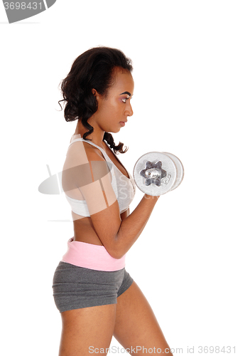 Image of Young lady exercising with dumbbell\'s.