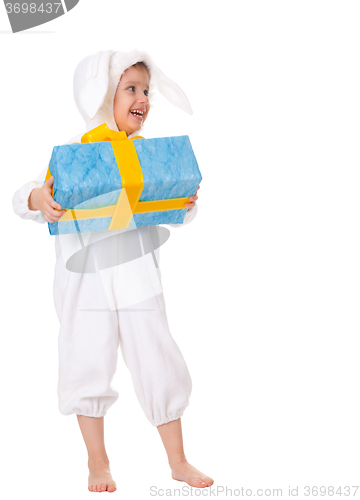 Image of  Young boy in a bunny suite with gift