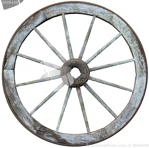 Image of Twelve spoked timber and steel wagon wheel 