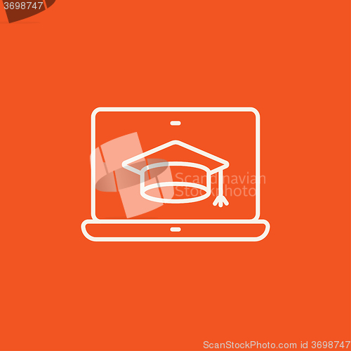 Image of Laptop with graduation cap on screen line icon.