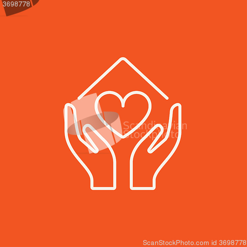 Image of Hands holding house symbol with heart shape line icon.