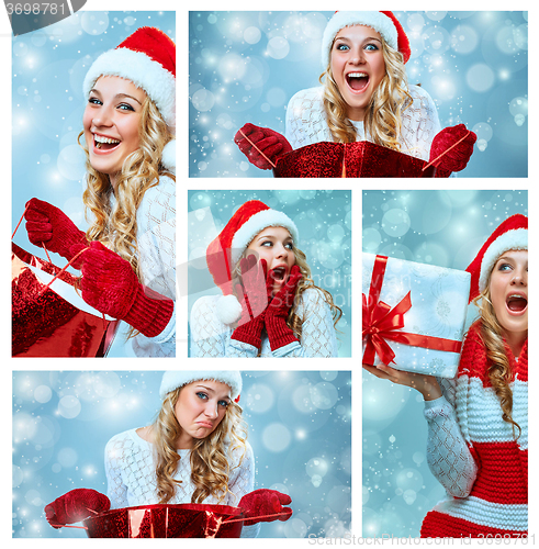 Image of Collage of young woman in Santa Claus clothes