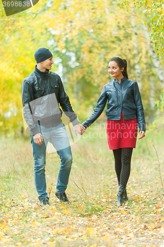Image of Affectionate couple taking walk in autumn park