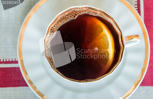 Image of Coffee with lemon . The view from the top.