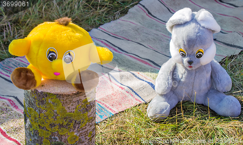 Image of Toys for children on the meadow in the garden.