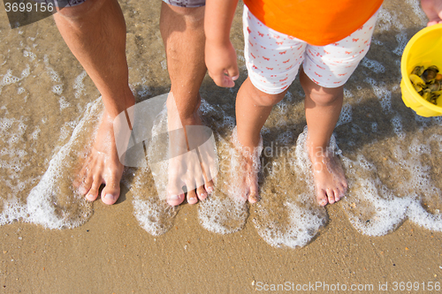 Image of Two pairs of legs adult and child washed waves of the sea