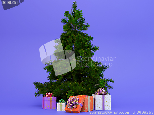 Image of beautiful high Christmas tree with colorful present boxes