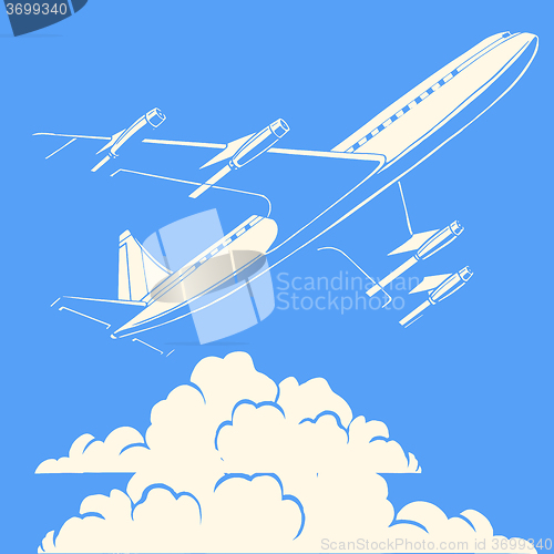 Image of Passenger airplane in the clouds retro background