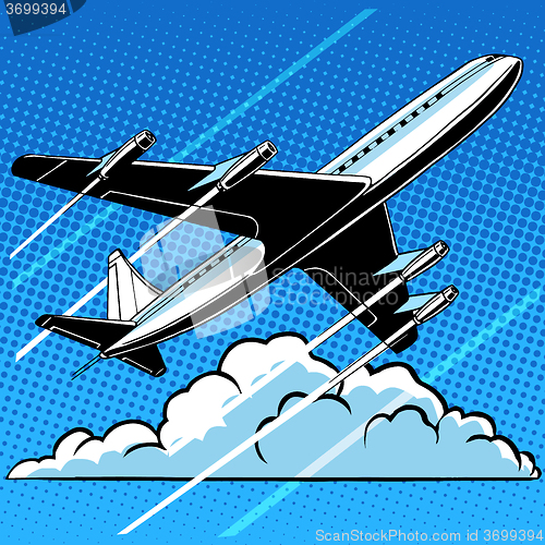 Image of Passenger airplane in the clouds retro background