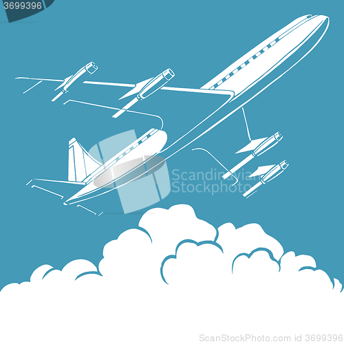 Image of Passenger airplane in the clouds retro background